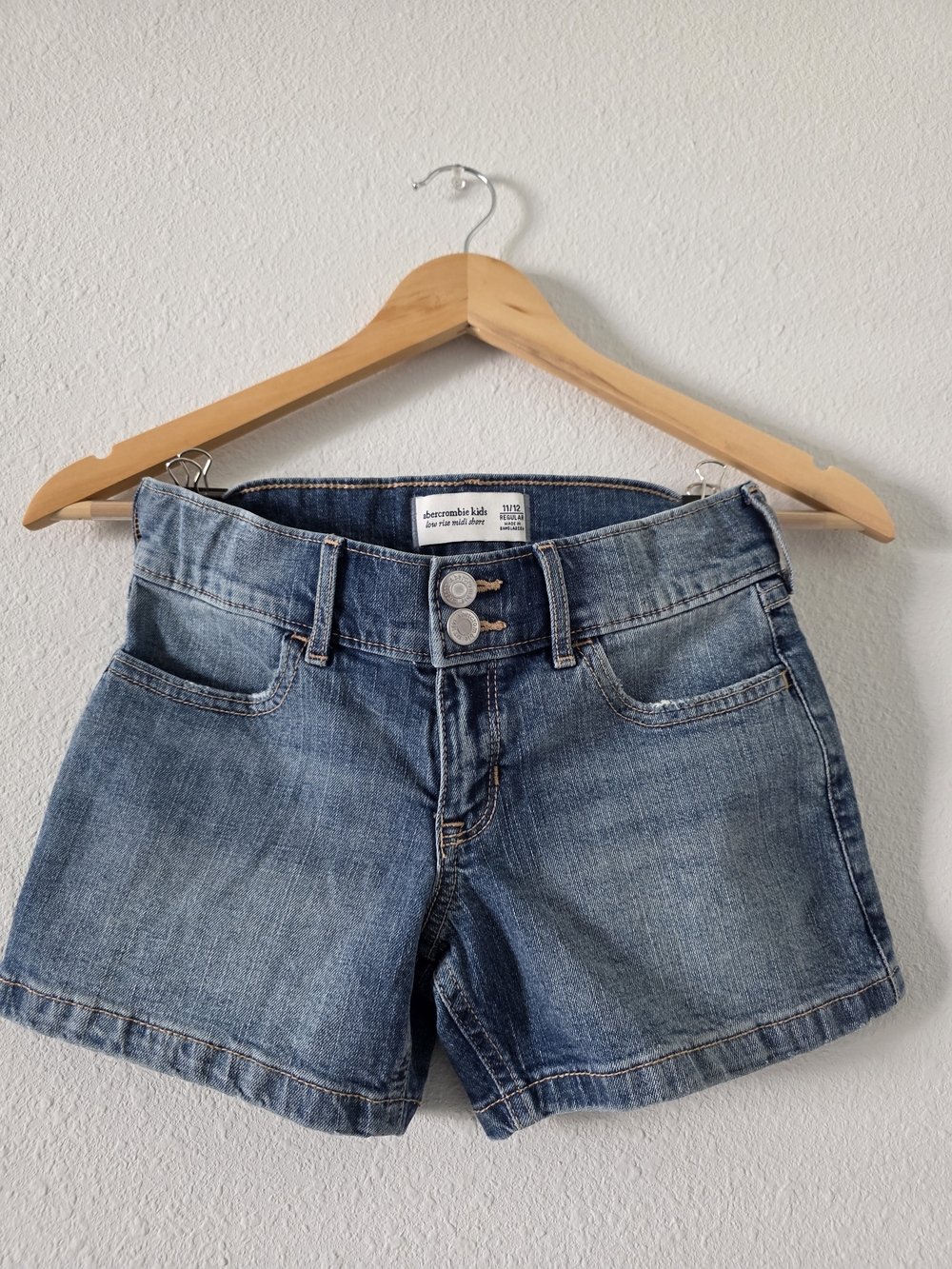 abercrombie kids light blue denim shorts with double-button waist